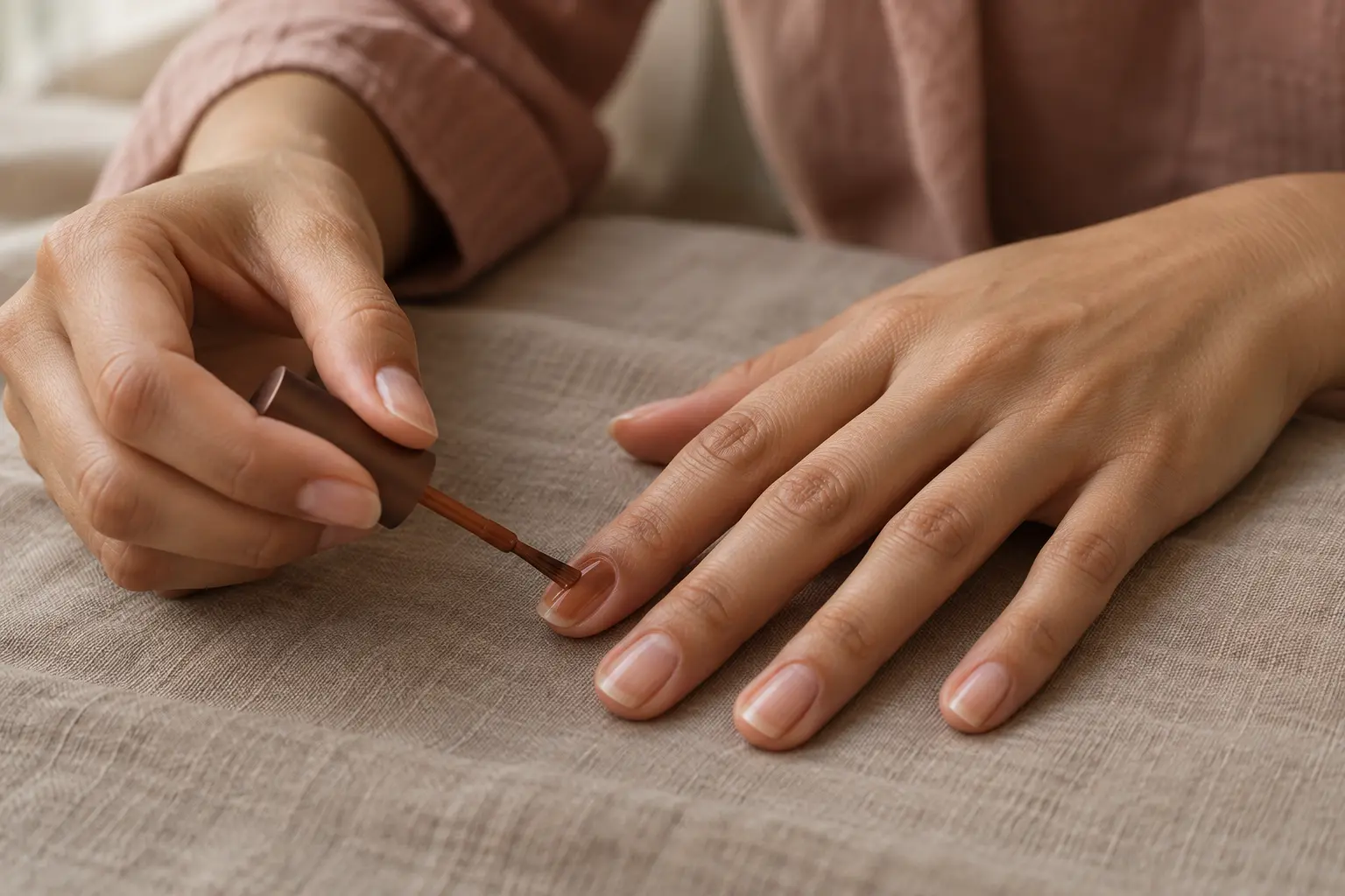 Application de la coloration au henné sur un ongle avec un pinceau