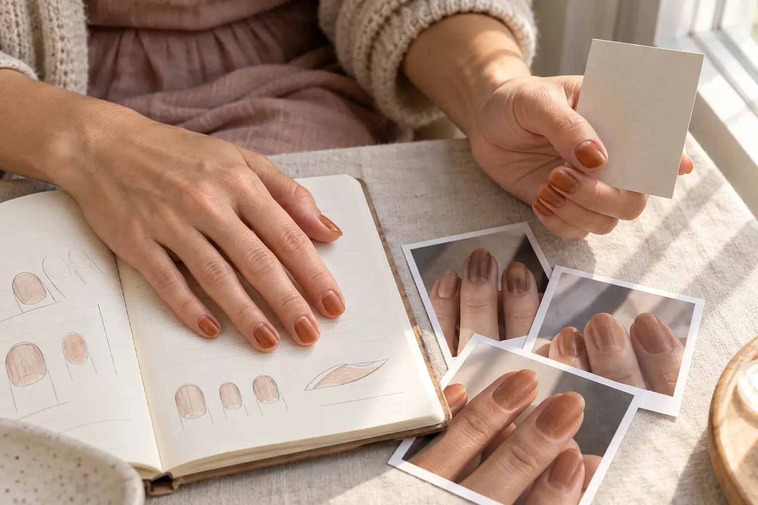 Suivi personnel du rendu du henné sur les ongles avec carnet et photographies