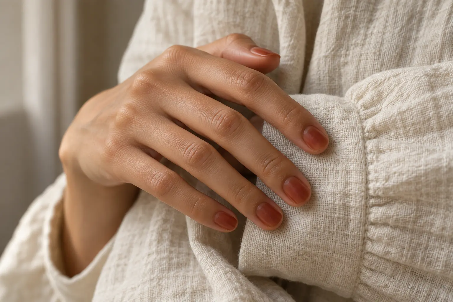 Ongles colorés naturellement au henné avec un rendu doux et élégant