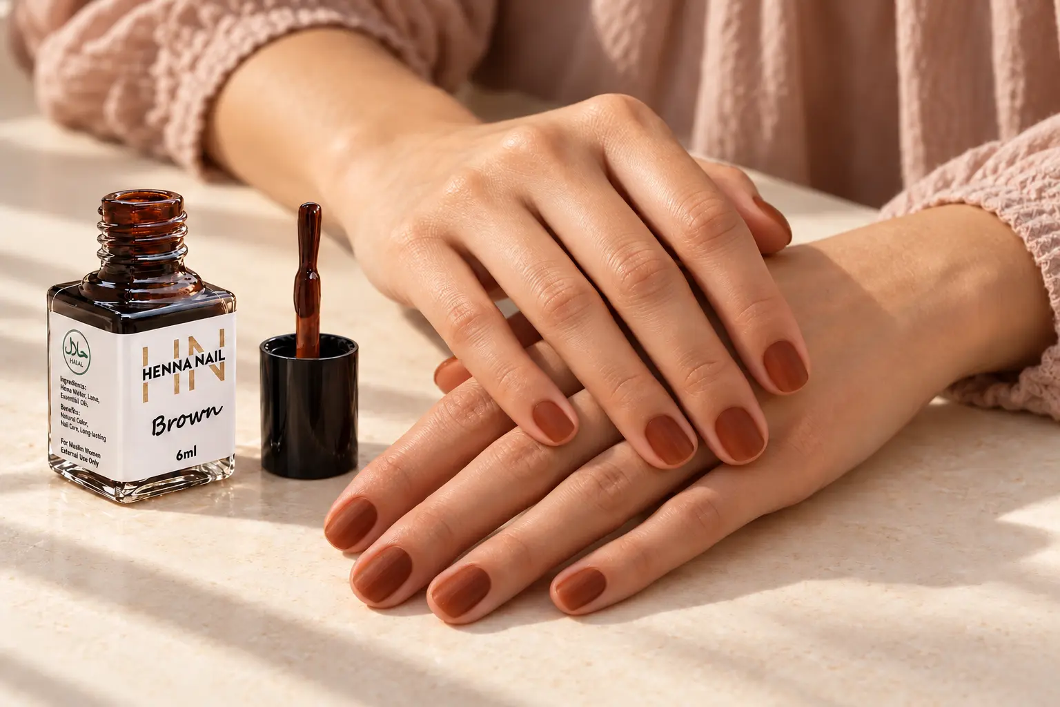 Coloration des ongles au henné avec flacon Henna Nail présenté sur des mains féminines