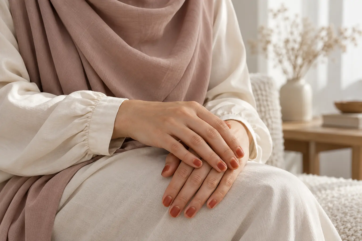 Mains aux ongles colorés au henné dans un intérieur doux et épuré