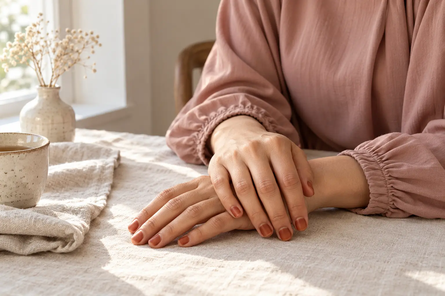 Mains aux ongles teintés au henné dans un intérieur lumineux